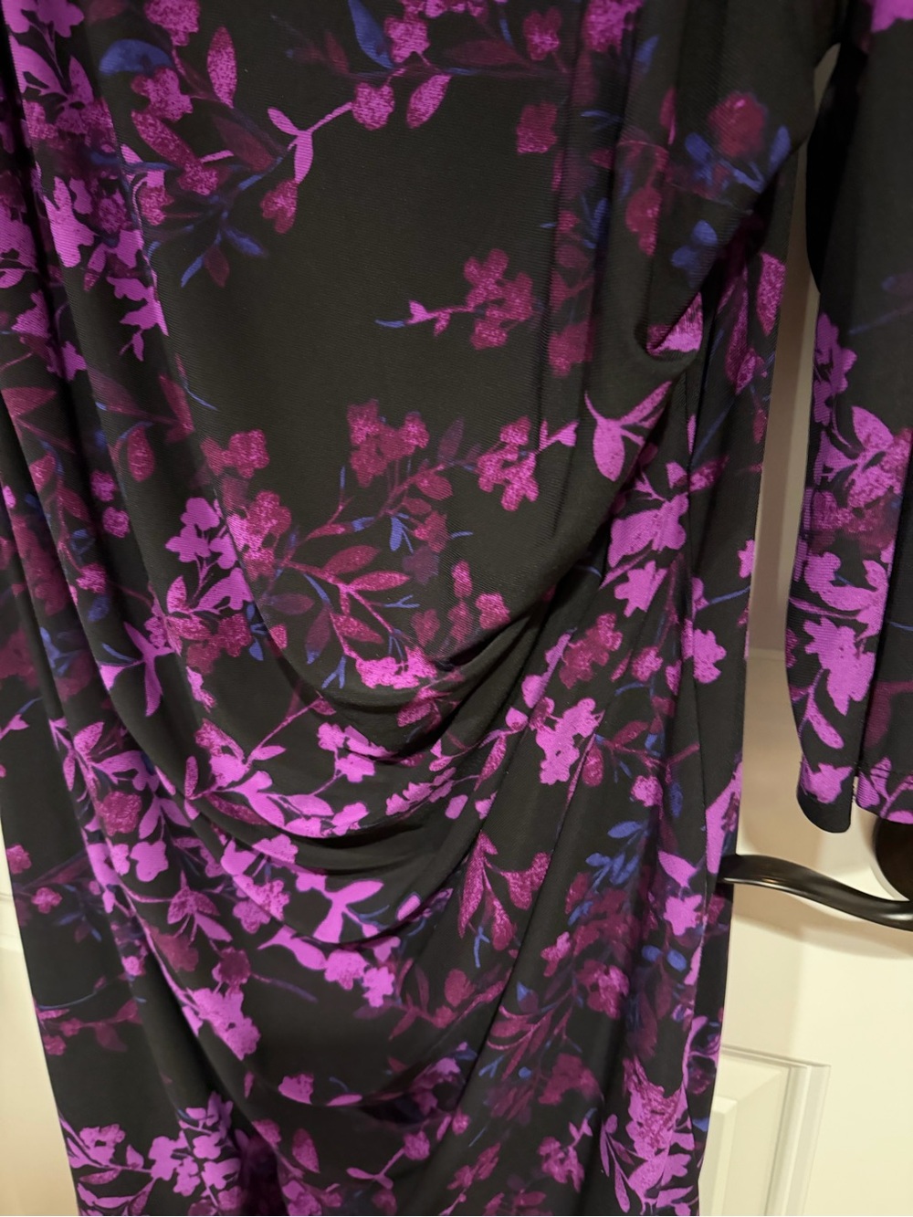 Chaps Womens 20W Purple Floral Cowl Neck Sheath Dress 3/4 Sleeve Ruched - Picture 4 of 6